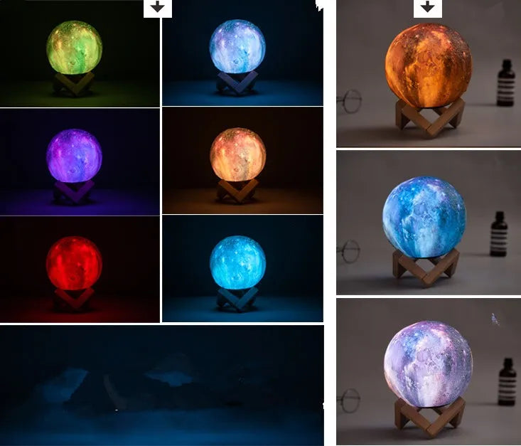 3D-printed white lunar sphere LED night light on a dark surface, showing detailed crater texture.