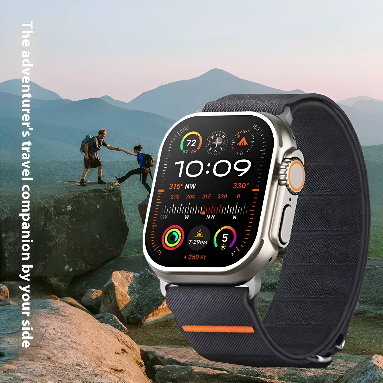 Elastic nylon watchband with stainless steel buckle for Apple Watch, shown in multiple colour options.
