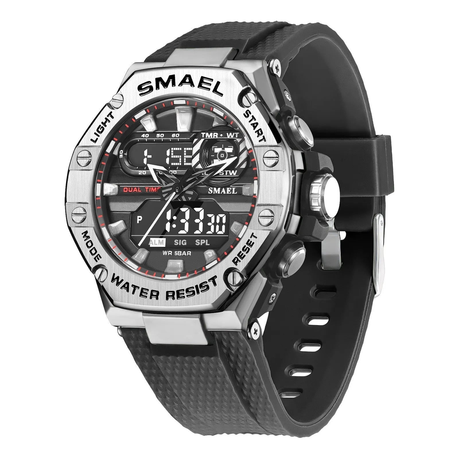 Digital alloy electronic watch for men with 47mm dial, dual movement, and 50m water resistance in Steel Blue