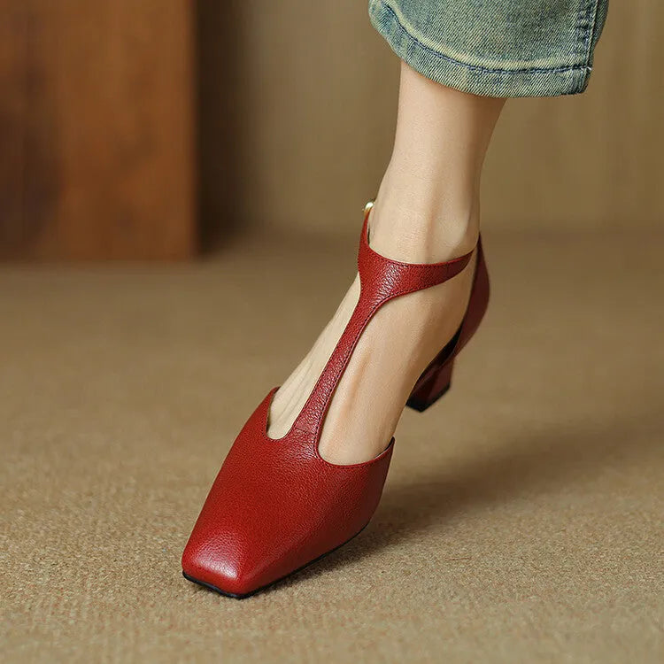 Wine red retro women's shoes with square toe, chunky heel, and buckle strap on sheepskin leather upper.