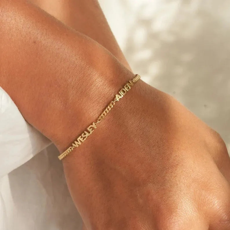 DIY personalised name bracelet Cuban chain in stainless steel gold colour with one engraved name