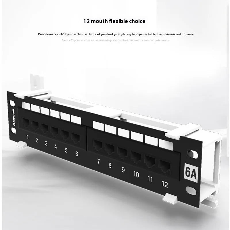Black 12-port steel network distribution frame with hook bracket and included installation accessories.