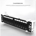 Black 12-port steel network distribution frame with hook bracket and included installation accessories.