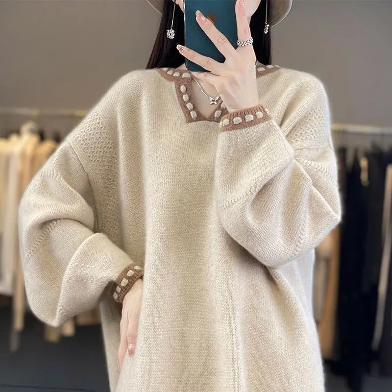 Women's V-neck jumper in viscose fabric, long sleeves, camel colour option