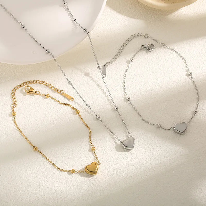 Women's titanium steel love necklace with geometric pendant and ball bead chain in silver