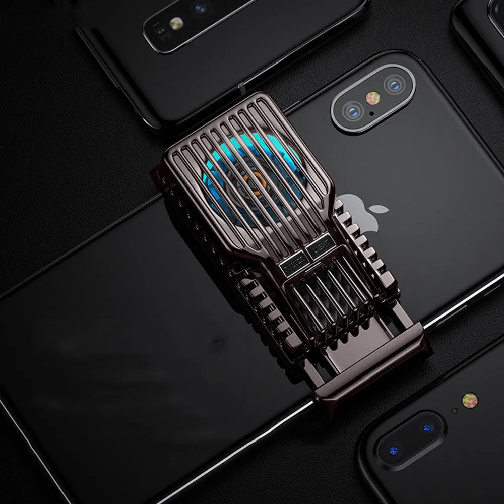 Black clip-on mobile phone radiator cooling fan attached to a smartphone, showing aluminium alloy and ceramic components.