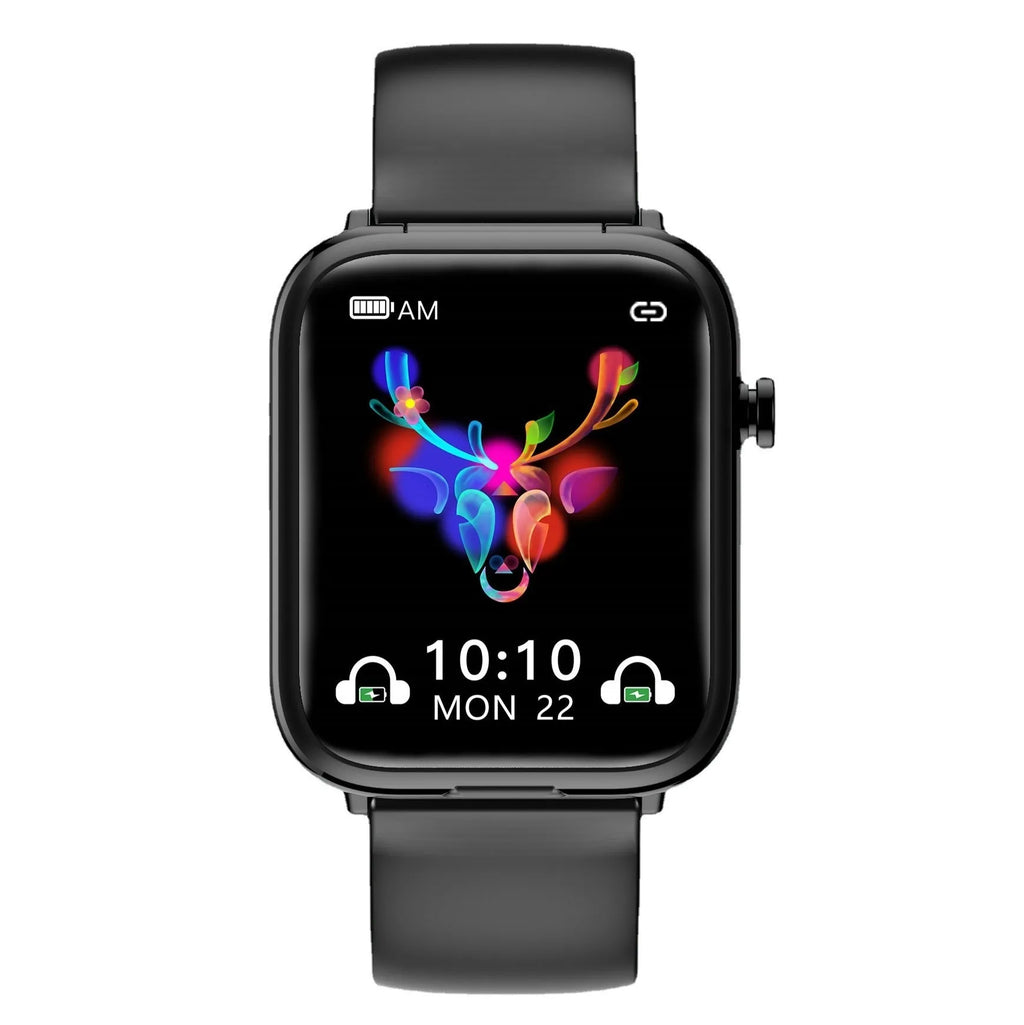 Black zinc alloy smartwatch with 1.69-inch touchscreen and integrated Bluetooth headset charging case.