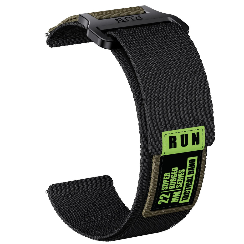 Black nylon woven sports tactical watch strap with metal buckle on a grey background