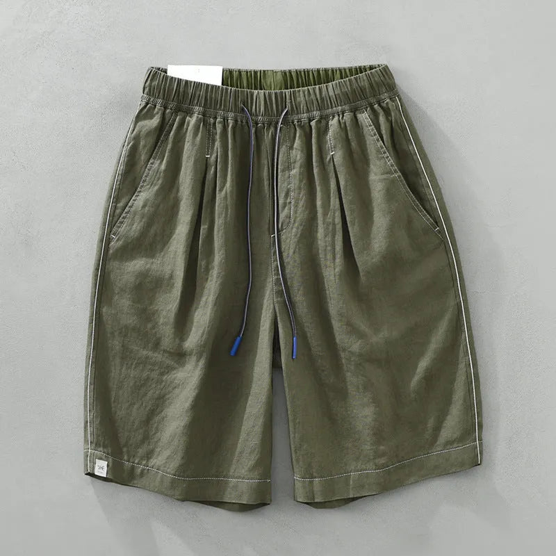 Men's loose straight linen shorts, mid waist drawstring, green or black, summer daily wear