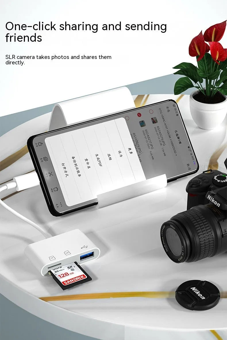 White Type C 3-in-1 adapter with USB 3.0, TF and SD slots, 15.5cm plastic shell for mobile phone