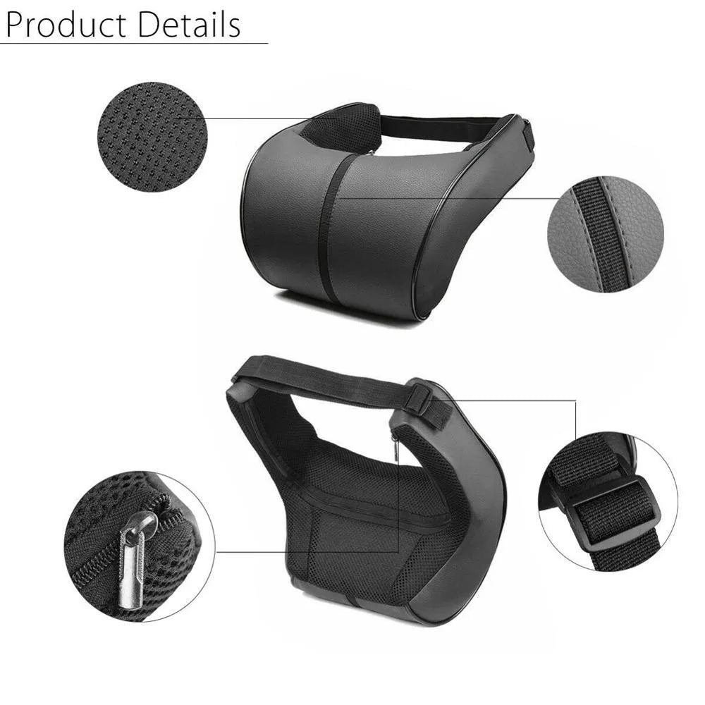 Black memory foam neck pillow car headrest with slow rebound and leather surface on a seat