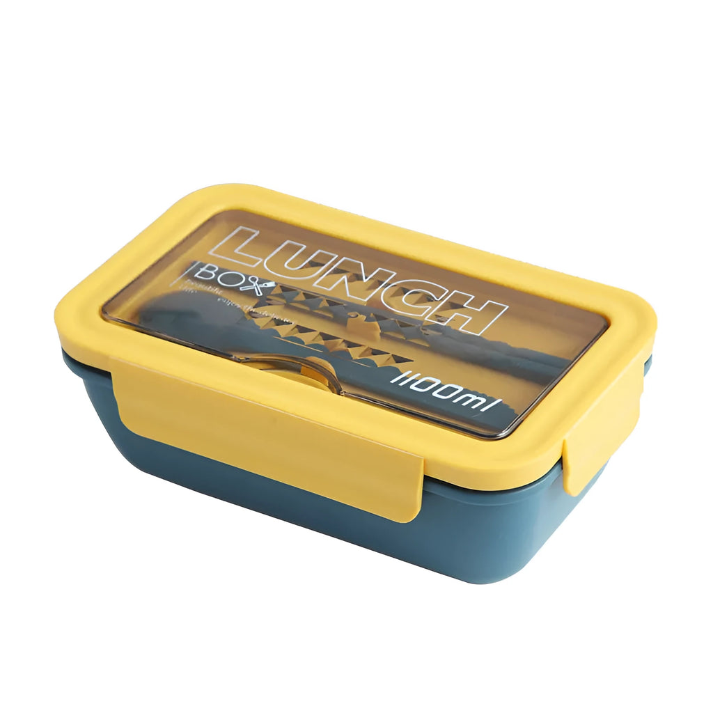 Green partitioned bento lunch box with four food compartments, shown open.