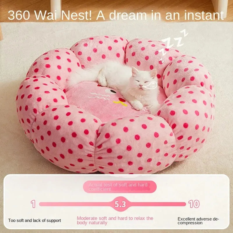 Pink dot pattern fabric cat nest bed in circular design showing two size options for pets up to 20 pounds