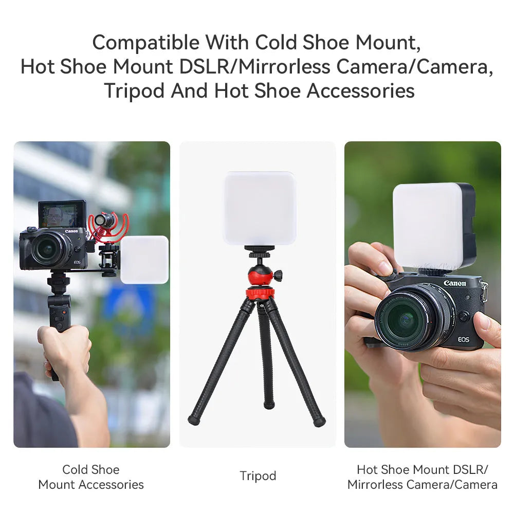 LED mini square outdoor pocket light tripod with rotatable flash head showing 7.3cm compact dimensions