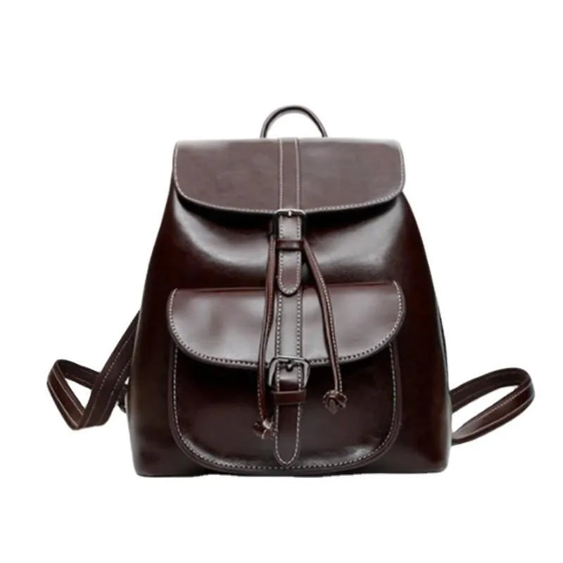 Genuine leather Korean-style backpack with cowhide pocket and pull-belt in Black, 28x30x12cm