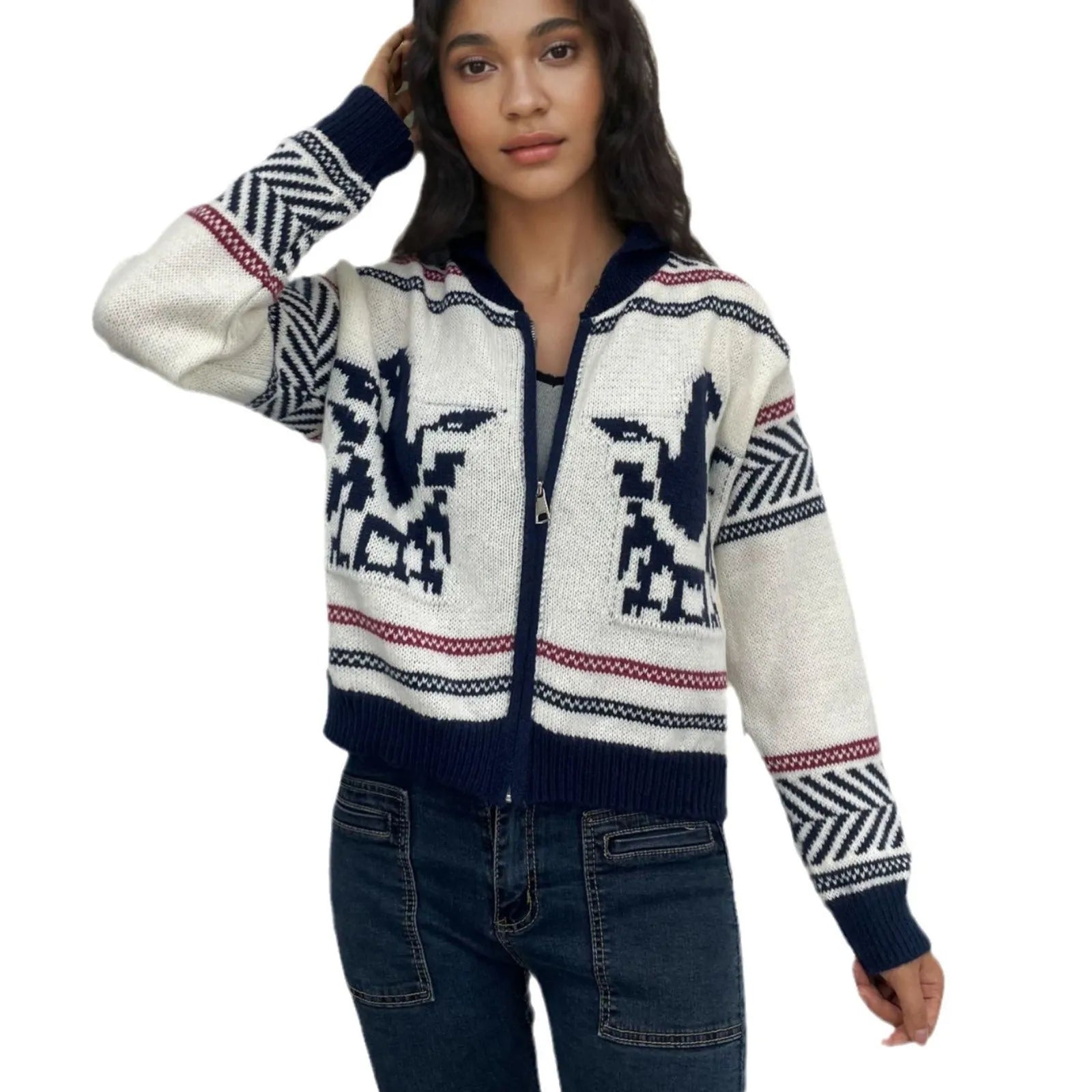 White women's zip-up cardigan with a dark contrast jacquard stripe pattern and a lapel collar.