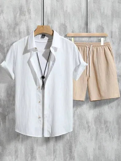 Men's casual Hawaiian outfit with 3D printed short sleeve shirt and matching shorts in four-sided elastic polyester fabric