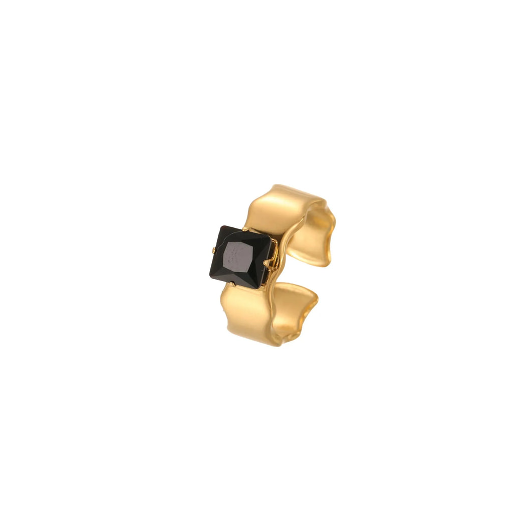 Women's adjustable stainless steel ring with geometric pattern and zircon stones