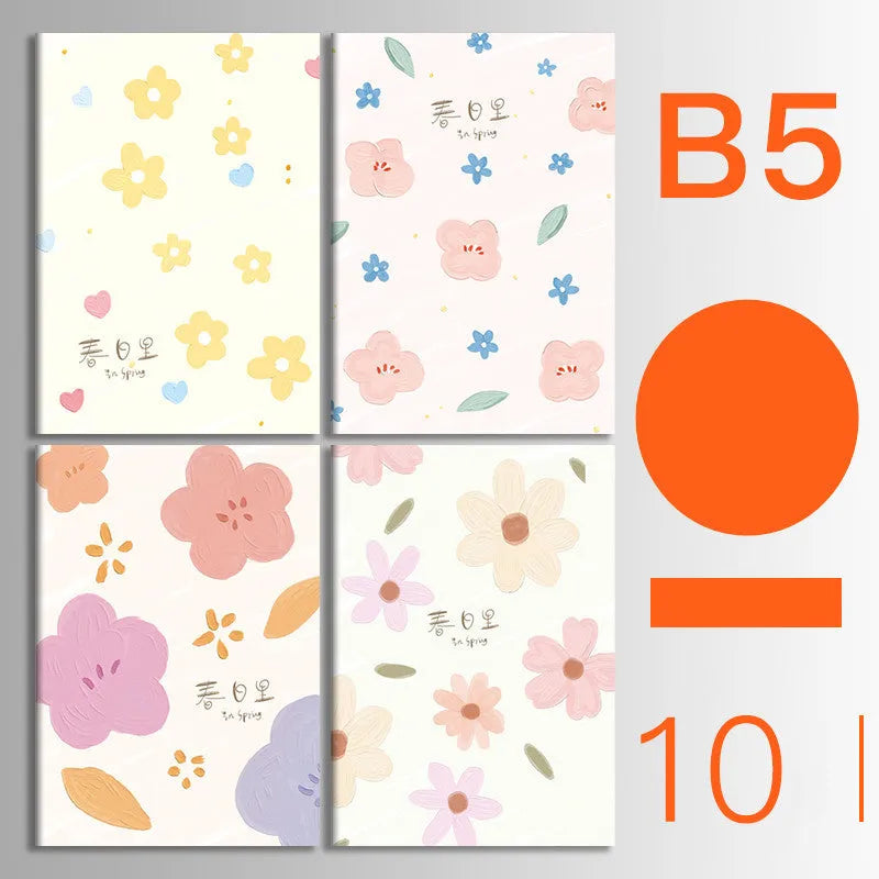Pack of 10 A5 and B5 soft cover kraft paper notebooks with various designs, showing thread binding.