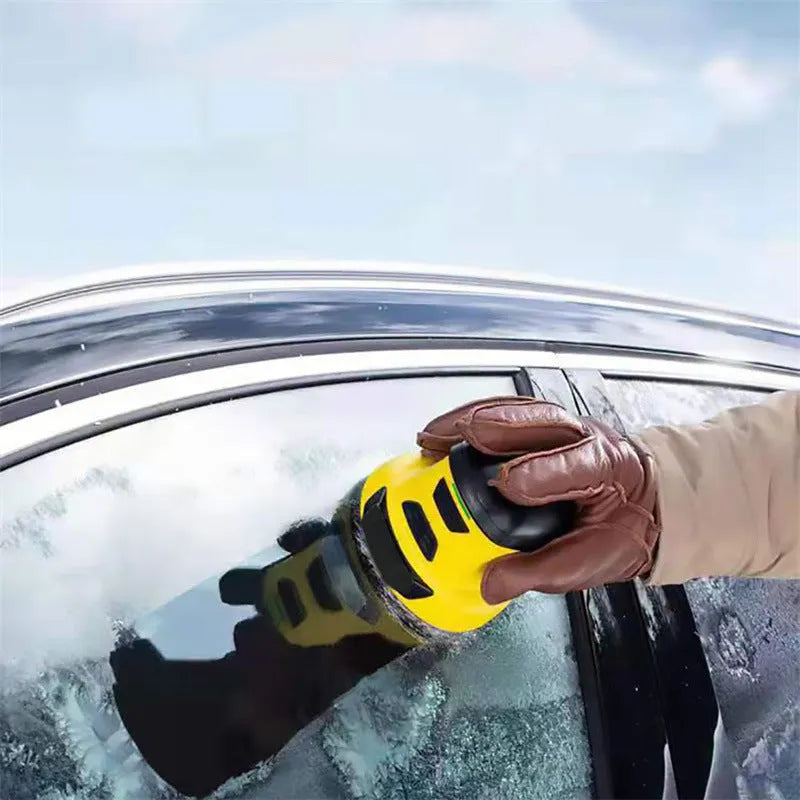 Yellow cordless electric snow scraper for car windows with USB charging cable