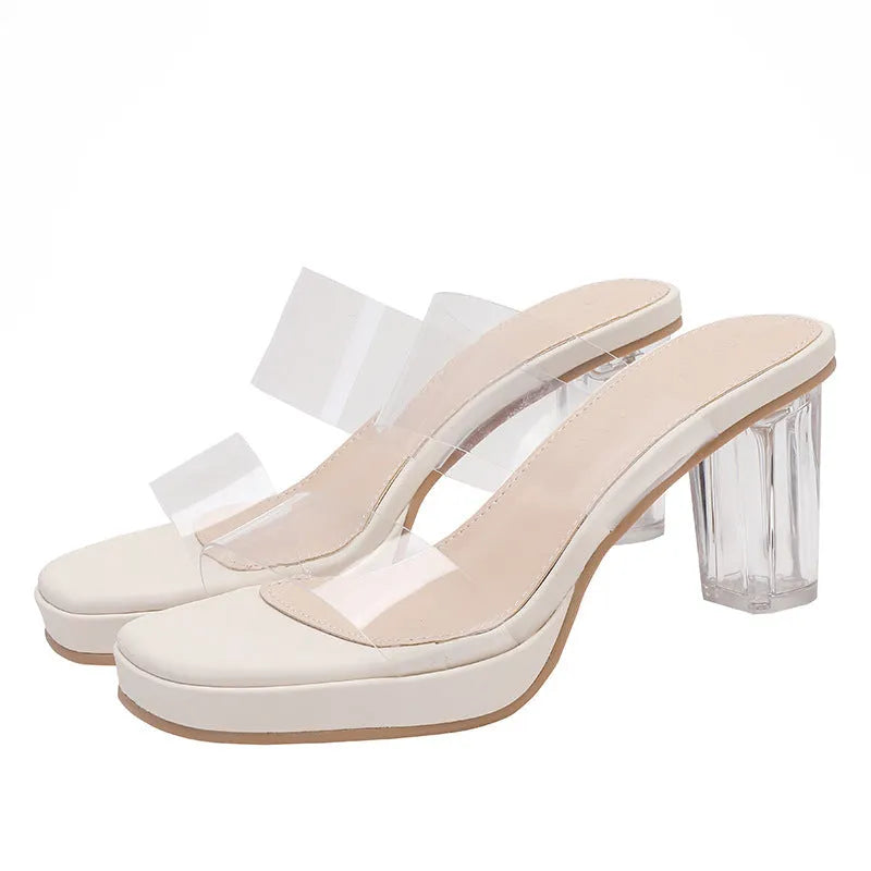 Square transparent slip-on sandals with straight outer line, TPU upper, 5CM or 7CM heel
