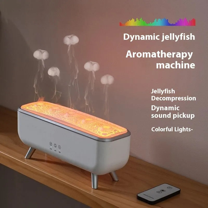 White square ultrasonic jellyfish smoke ring humidifier with remote control and UK plug for desktop use