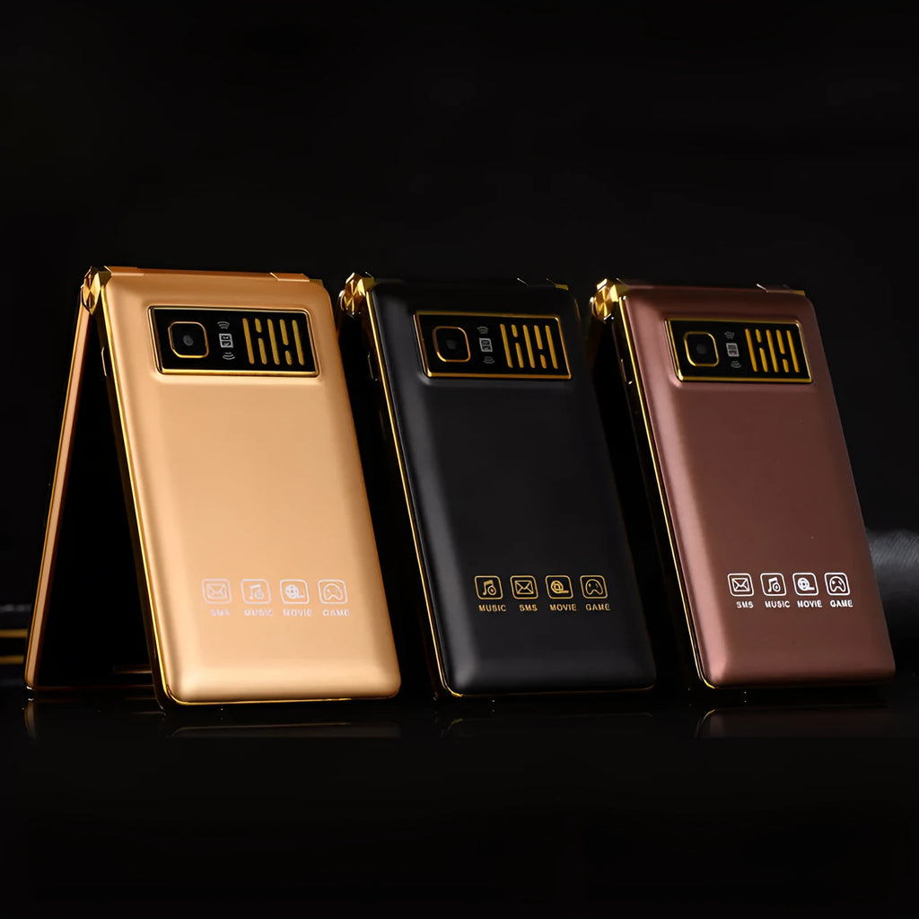 A15 dual screen flip mobile phone showing internal touch screen and external display