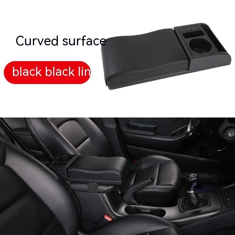 Universal car centre console armrest cover with height increase in black PU leather with red cord detailing