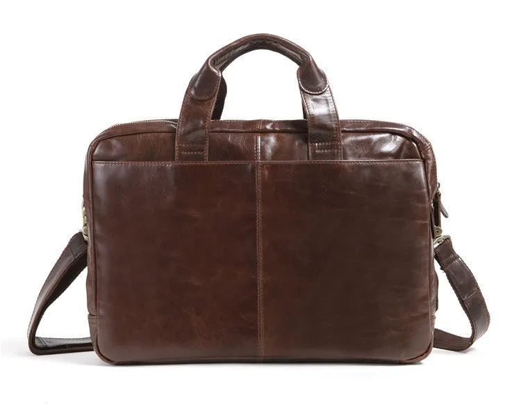 Brown leather men's business briefcase with 18-inch dimensions for laptop carrying