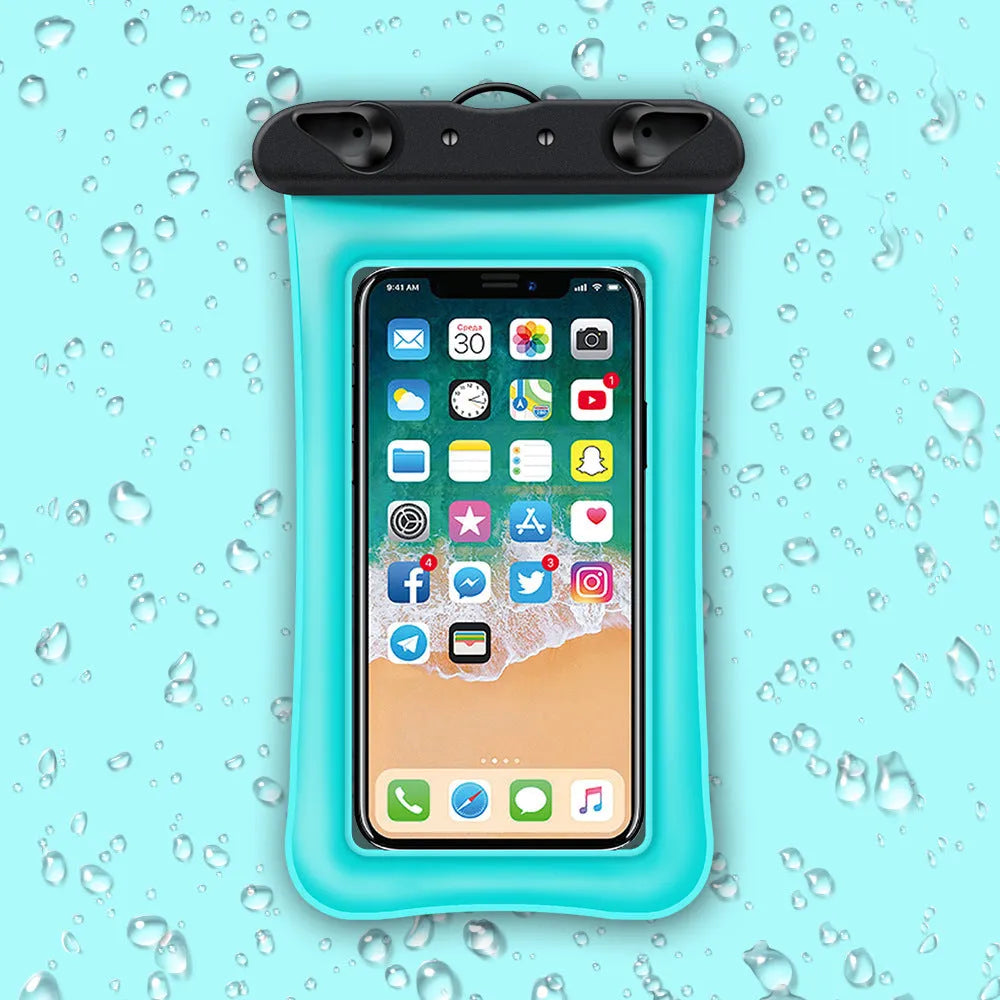 Orange waterproof phone pouch with double airbag design and a black adjustable neck rope.