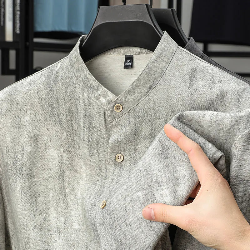 Men's loose fit linen cardigan shirt in grey colour with stand collar