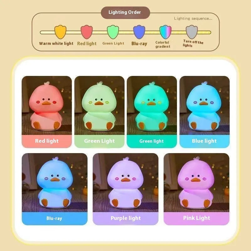 Creative cute happy duck small night lamp with seven colour changing light and USB charging