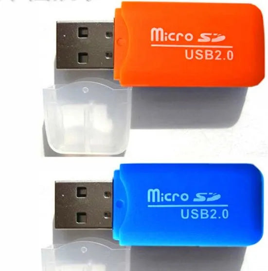 Small white USB card reader for micro SD and SD memory cards on a grey background