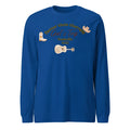 Men's blue polyester pullover sweater with printed letter patterns and round neck loose fit design