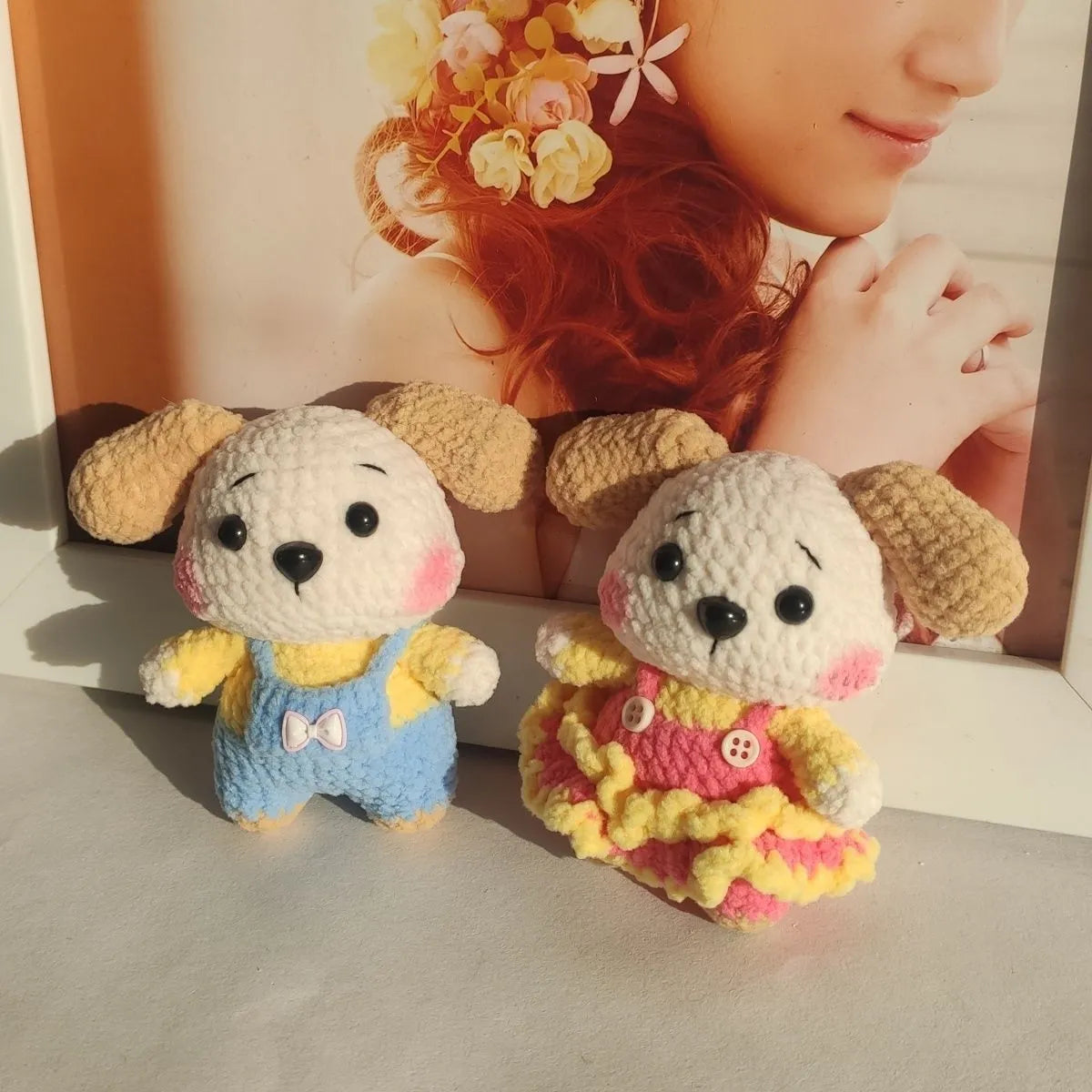 Handmade wool zodiac dog pendant charm on a keychain in pinafore dress style