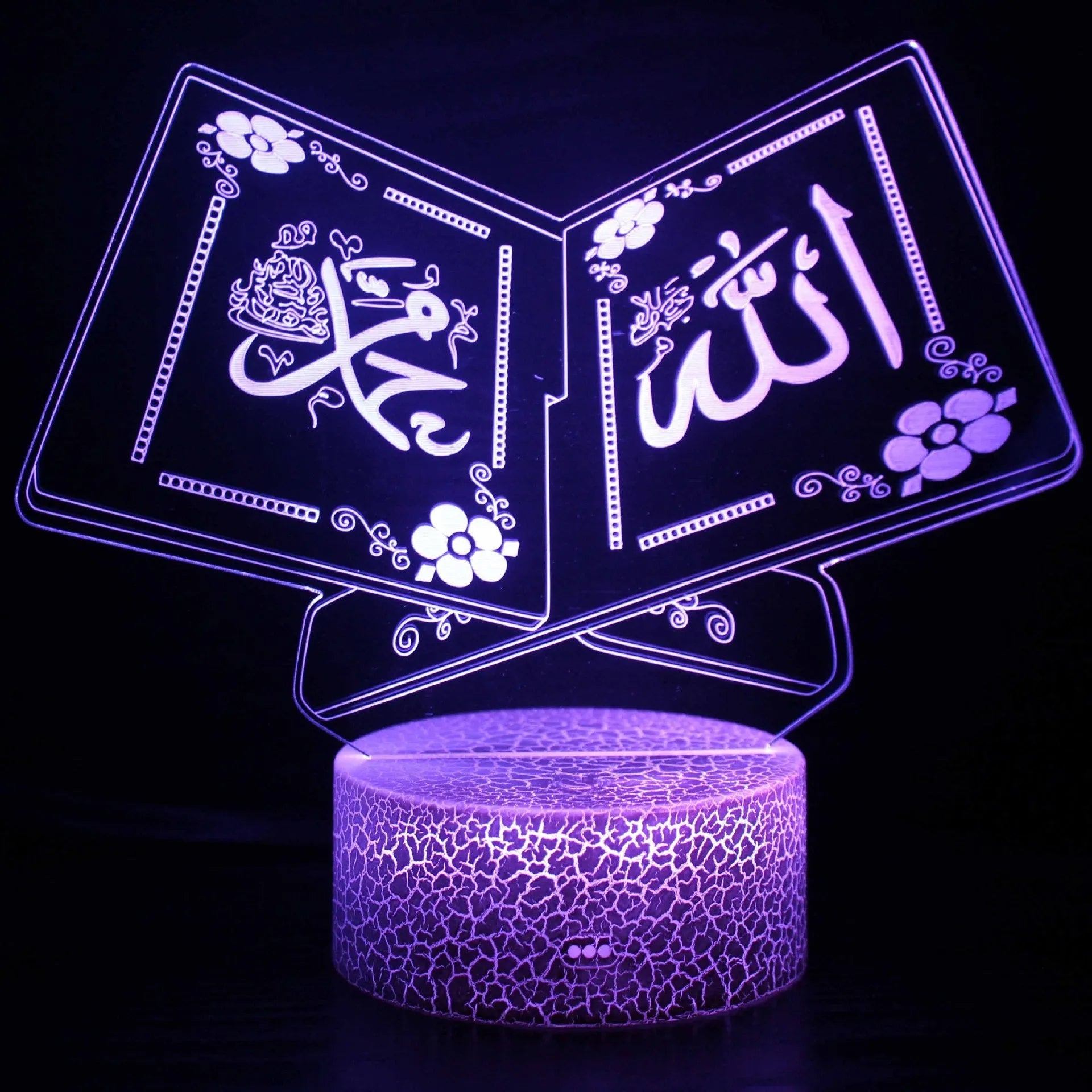 3D cartoon-style LED night lamp with black touch base, showing multiple colour changes on a bedside table.
