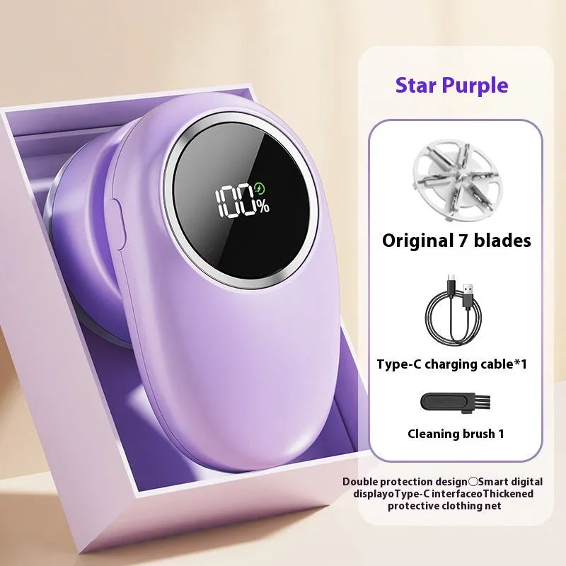 Beige and purple digital fur ball trimmer lint removers with stainless steel cutter heads on a USB cable.