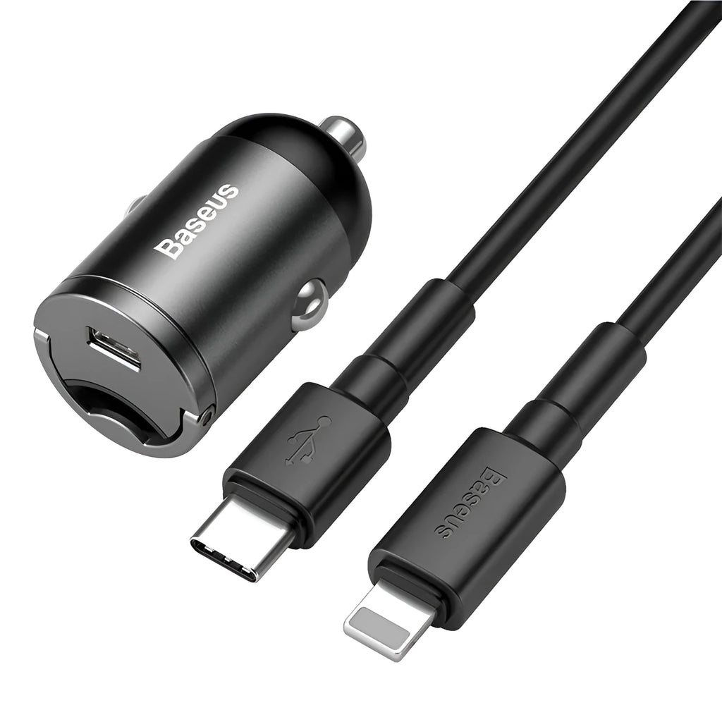 Grey Baseus 30W PPS single USB car charger with 1 metre cable.