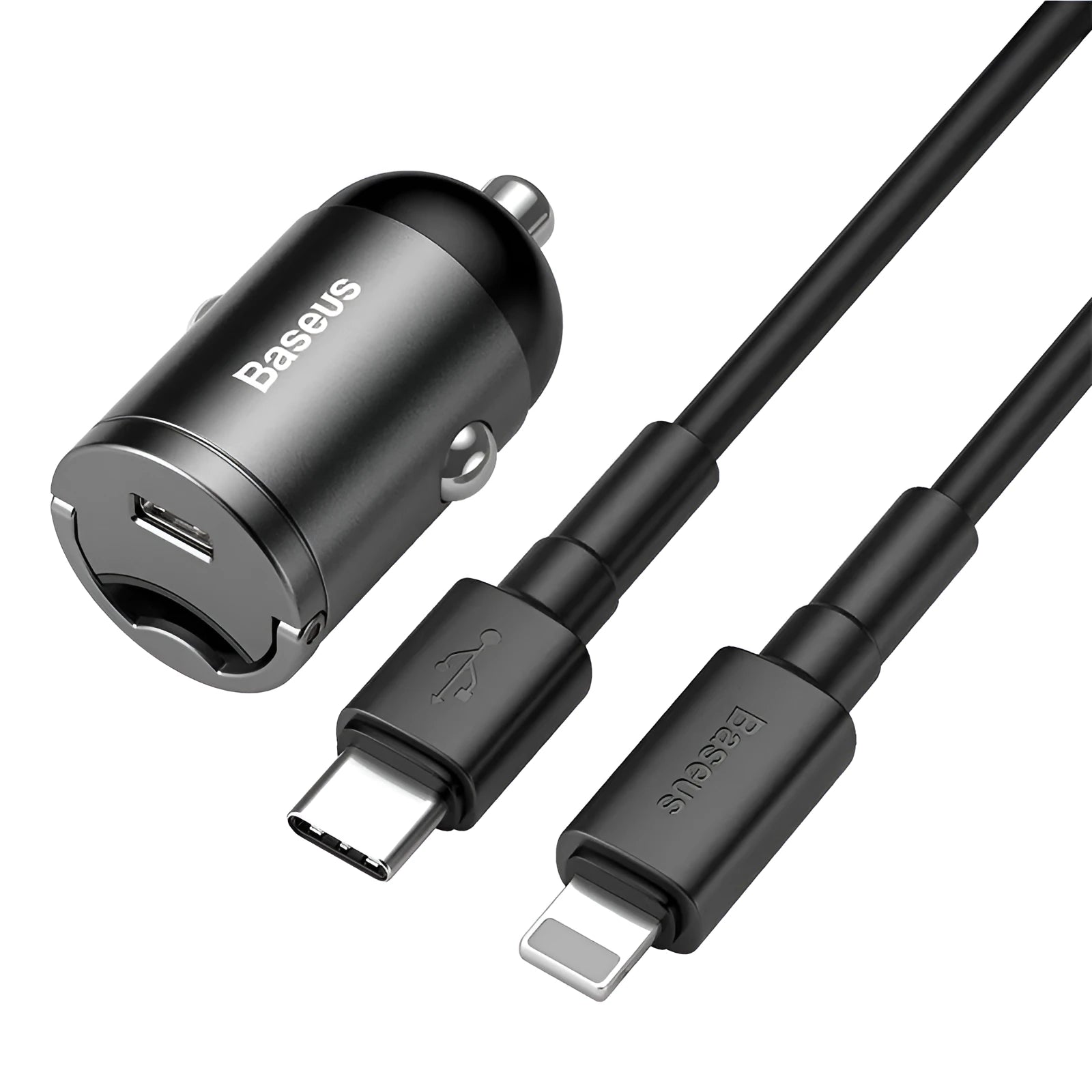Grey Baseus 30W PPS single USB car charger with 1 metre cable.