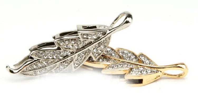 Silver metal USB flash drive with crystal maple leaf design showing front and side views
