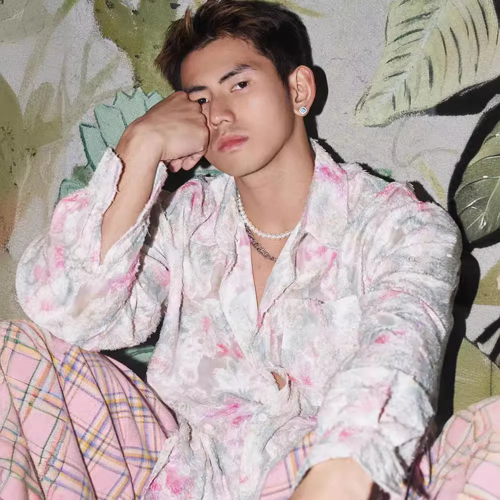 Pink floral long sleeve shirt with embossed pattern and loose fit design
