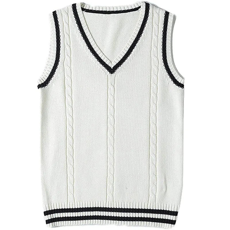 Women's V-neck striped waistcoat sweater in acrylic knit fabric showing slim fit silhouette
