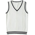 Women's V-neck striped waistcoat sweater in acrylic knit fabric showing slim fit silhouette