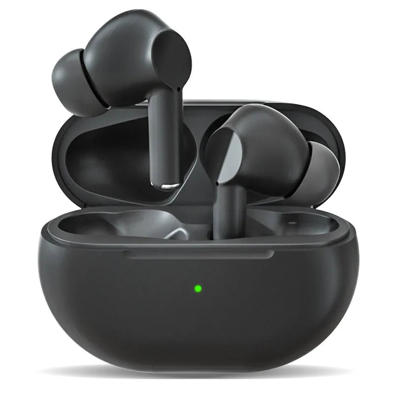 Black and white Pro4 wireless Bluetooth earbuds with a compact charging case on a white background.