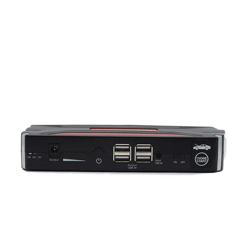 Black and red coloured portable 12V car jump starter emergency power supply unit.