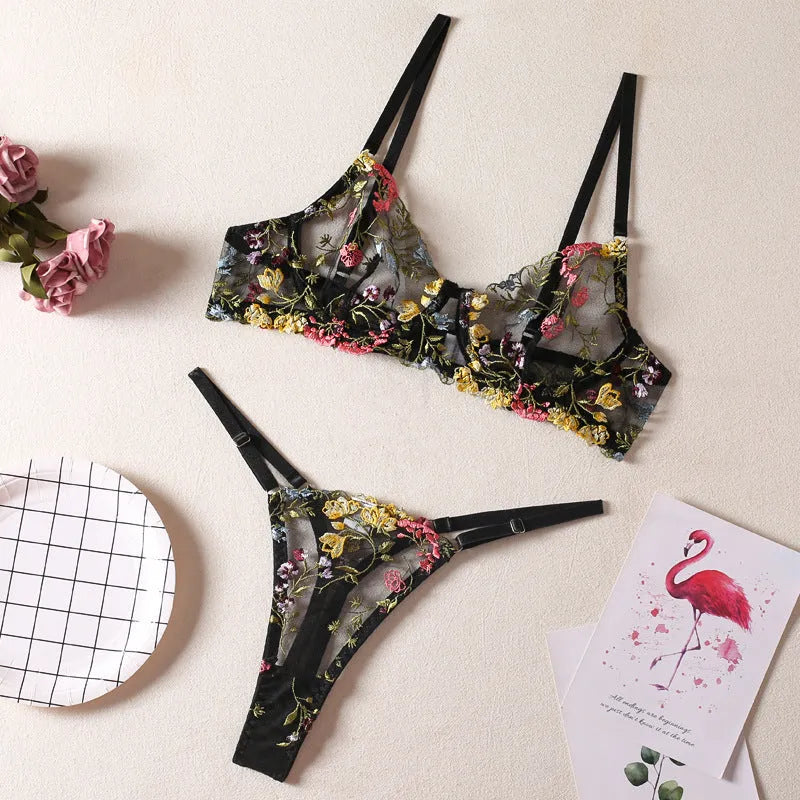 Floral mesh bra with steel ring T-back design in skin colour showing 3/4 cup construction