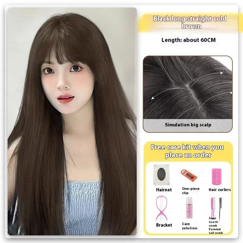 Black long straight full-head synthetic wig with lace front and side bangs.