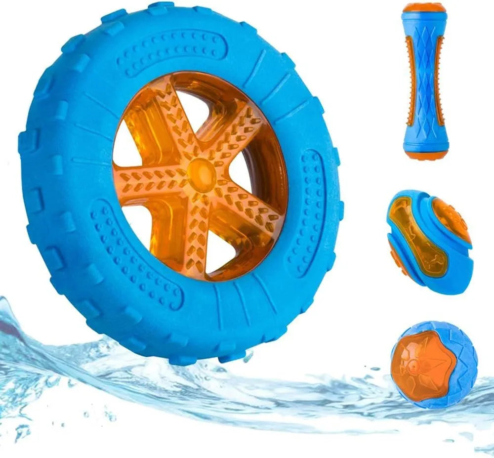 Three squeaky floating dog toys: a ball, barbell, and tires on a blue background.