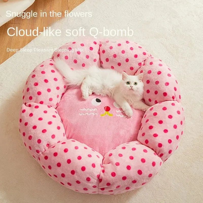 Pink dot pattern fabric cat nest bed in circular design showing two size options for pets up to 20 pounds