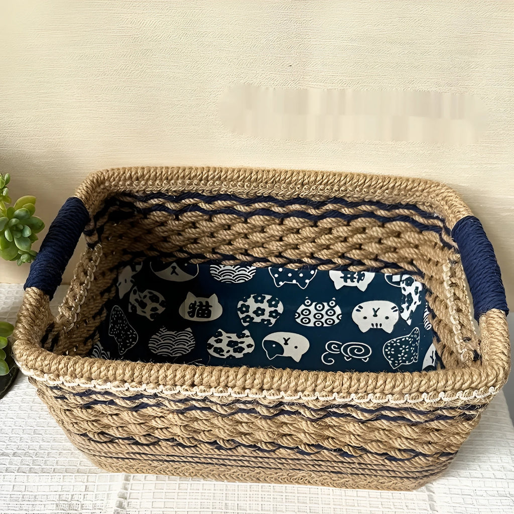 Brown hand-woven rattan rectangular desktop storage basket for snacks and sundries